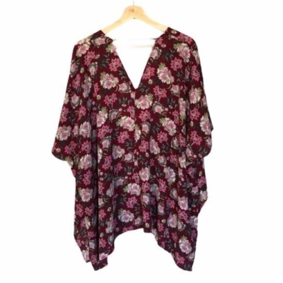 C. Wonder Red Floral Boho Short Sleeve Kimono Duster S - Picture 2 of 6